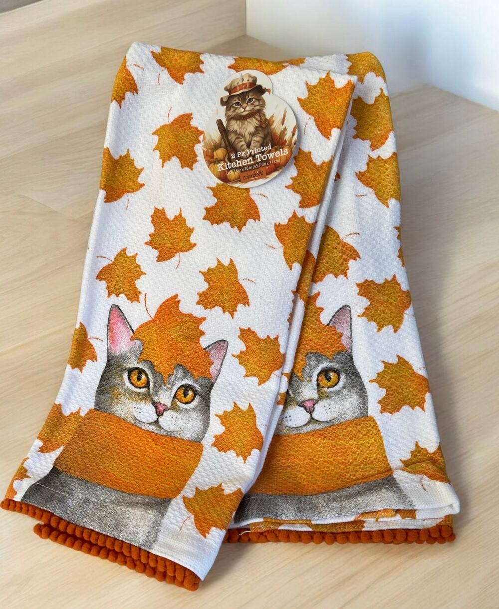 NEW Grey Tabby Autumn Cat & Orange Fall Leaves Cats Kitten Kitchen 2 Towel Set